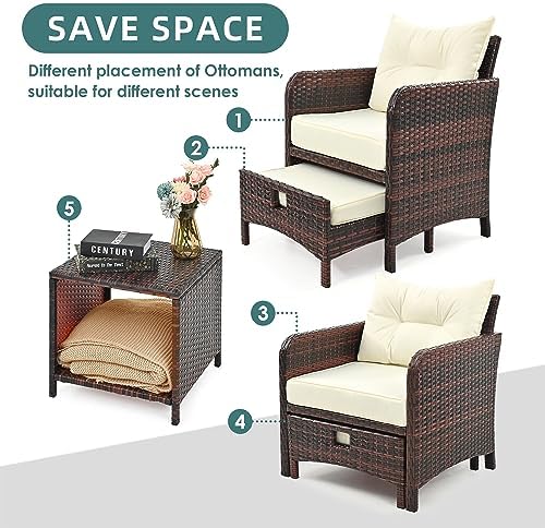 Pamapic 5 Pieces Patio Furniture Set, Rattan Balcony Furniture with Ottomans, PE Wicker Outdoor Patio Chairs Set with Coffee Table for Poolside, Porch, Lawn, Garden, Balcony(Beige) - Image 6