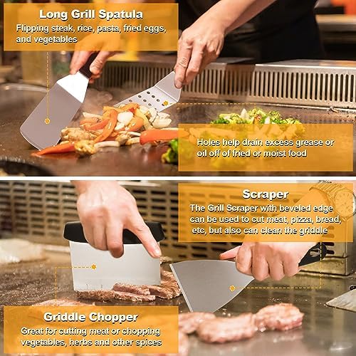Terlulu Griddle Accessories Kit, 28 PCS Flat Top Grill Accessories for Blackstone and Camp Chef, Metal Spatula Set with Burger Press, Melting Dome, Tongs, Scraper, Carry Bag for Outdoor Grilling BBQ - Image 5