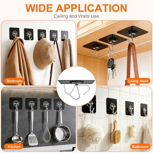 DDMY Heavy Duty Adhesive Hooks for Hanging 50lb(Max) Black Wall Hooks with Strong Sticky,No Damage Removable Hook Waterproof & Reusable for Bathroom, Kitchen, Shower, Outdoor Decor -8 Pack - Image 2