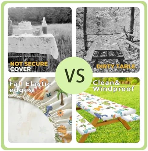 Funny Dinosaur Picnic Table Cover with Bench Covers and Bag, Camping Essentials, Animal Waterproof Windproof Fabric, Fitted Tablecloth Cover with Elastic Edge, for Indoor & Outdoor, 3 PCS, 30x60 Inch - Image 3