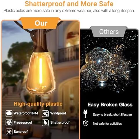 LAMPHOME LED Outdoor String Lights 100FT Patio Lights with 52 Shatterproof ST38 Vintage Edison Bulbs, Outside Hanging Light Waterproof for Porch, Deck, Garden, Backyard, Dimmable 2700K - Image 5