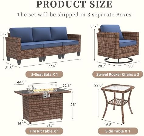 UDPATIO Patio Furniture Set with Fire Pit Table, Rocking Swivel Chairs, 5 Pieces Outdoor Furniture Sets, All-Weather Wicker Outdoor Sectional Sofa with Waterproof Cover, 4'' Thickened Cushion, Navy - Image 3