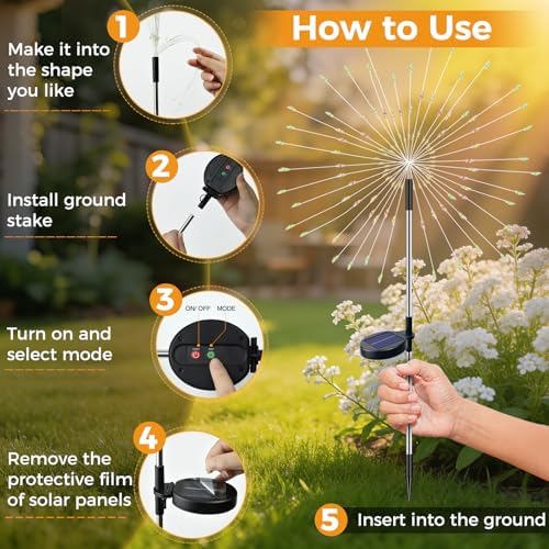 btfarm 3 Pack Solar Garden Lights Outdoor, 8 Modes Firework Lights Outside - Image 5