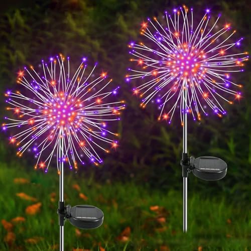 Solar Garden Lights Outdoor, 2 Pack 120 LED Twinkling Firework Lights Decorative with 2 Modes, Outdoor Waterproof Solar Starburst Light for Outside Yard Pathway Garden Decor, Purple + Orange by Yaafen