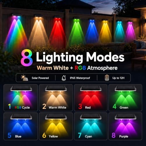Solar Fence Lights Outdoor, Warm White & RGB Combo 8 Modes Color Changing Fence Lights Solar Powered for Outside, LED IP65 Waterproof Solar Patio Light for Step, Pathway, Garden, Deck, Stairs - 8 Pack - Image 2