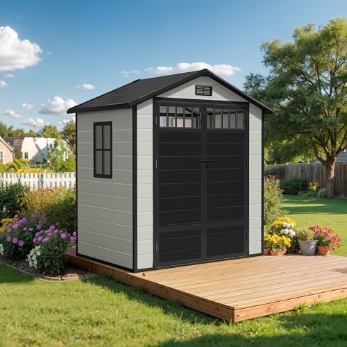 DWVO 6x4.4 FT Resin Storage Shed with Fence-Style and Side Windows, Lockable Door, and Vents for Garden, Backyard, Patio, Lawn, Blue-Gray - Image 5