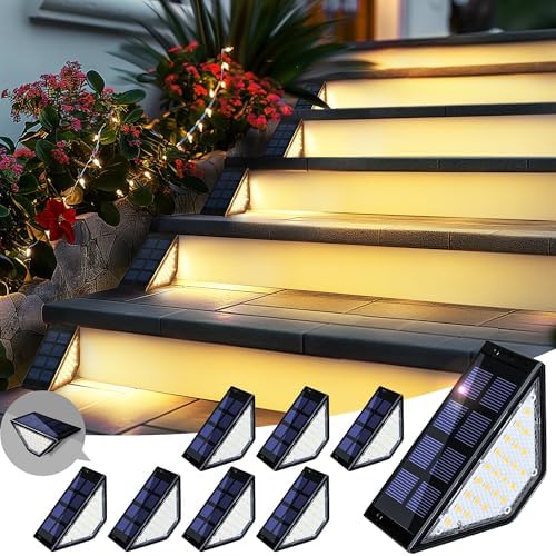 PATIOWIN 8 Pack Solar Step Lights for Outside, 24 LEDs Solar Stair Lights Waterproof IP65, Solar Deck Lights Outdoor Decor for Garden, Porch, Pathway, Patio, Fence(Warm White) by PATIOWIN