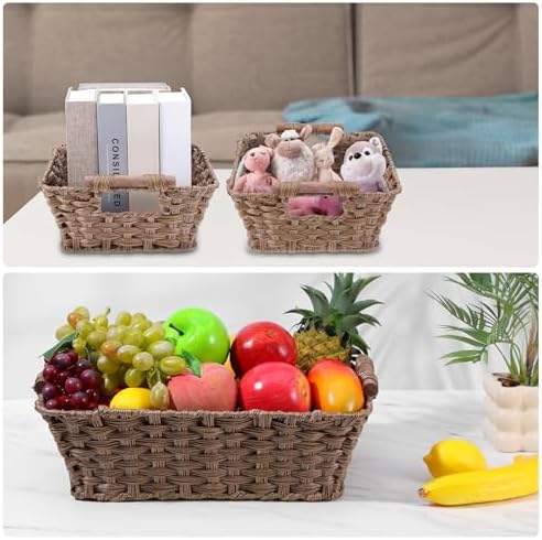 2 Pack Large Waterproof Wicker Storage Basket – 15"x10.6"x5.1" Brown Polypropylene Woven Baskets with Wood Handles & Metal Frame for Pantry, Bathroom, Bedroom, Patio - Image 6