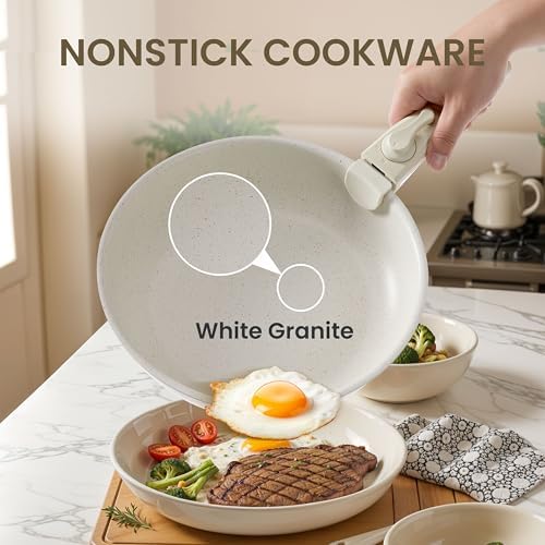 Simple Deluxe 12 Pcs Cookware Set, Non-Stick Pots and Pans Set, with Black Granite Texture and Detachable Handles, Resistant to High Temperatures, Oven Safe, PFAS and PFOA Free, Beige - Image 2