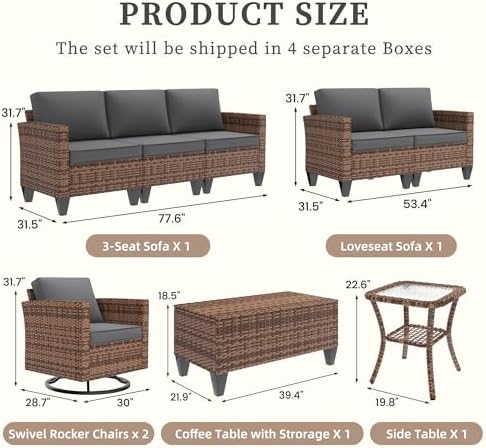 UDPATIO Patio Furniture Set, 6 Pieces Outdoor Conversation Sets with Rocking Swivel Chairs, Wicker Rattan Outdoor Sofa Set with Storage Table and Waterproof Covers for Backyard, Deck, Porch, Grey - Image 3