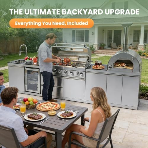 128" Outdoor Kitchen Island,Stainless Steel Natural Gas BBQ Grill with Pizza Oven, Rotisserie, Refrigerator, Granite Countertop, Storage Cabinets & Drawers 120,000 BTU. - Image 4