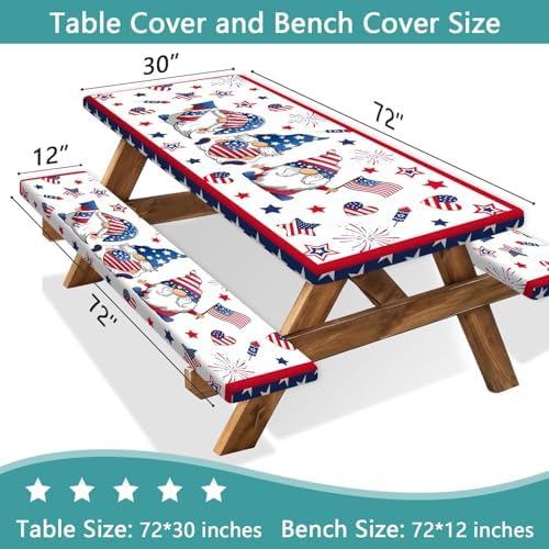 4th of July Picnic Table Cover with Bench Covers, Camping Essentials, Patriotic American Flag Gnomes Stars Table Cover Waterproof Fitted Tablecloth Cover with Elastic Edge for Outdoor 3 PCS 30x72 Inch - Image 3