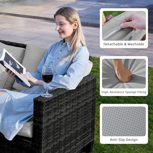 UDPATIO Patio Furniture Set with Fire Pit Table and Swivel Rocking Chairs, 6 Pieces Outdoor Wicker Furniture Set with Waterproof Cover, 4'' Thickened Cushion, Light Grey - Image 5
