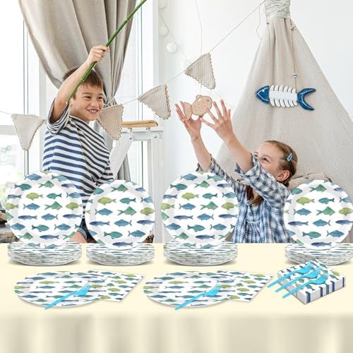 96Pcs Gone Fishing Party Paper Plates and Napkins Sea Ocean Fish Birthday Supplies Little Fisherman Tableware for 24 Guests for Summer Wedding Ofishally One Fishing Birthday Gatherings Decorations - Image 5