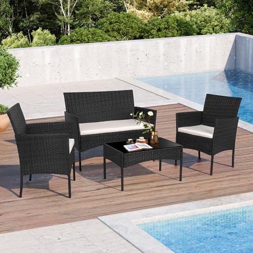 Shintenchi 4 Piece Outdoor Patio Furniture Sets, Small Wicker Patio Conversation Furniture Rattan Chair Set with Tempered Glass Coffee Table for Backyard Porch Garden Poolside Balcony,Black - Image 2