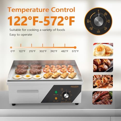 ROVSUN 18" Electric Countertop Flat Top Griddle, 1500W Electric Griddle, Teppanyaki Grill Stainless Steel with Adjustable Temperature Control 122°F-572°F for Commercial Home Restaurant, Plug - Image 2