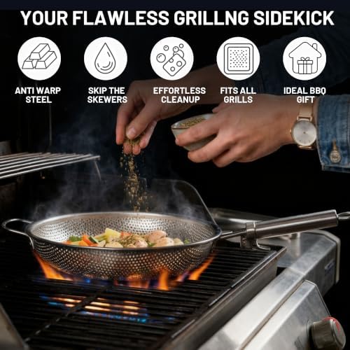 Stainless Steel Grill Pan with Removable Handle, 11.81" Round Perforated BBQ Grill Basket for Seafood, Vegetables & Meat, Outdoor Grilling Pan for Charcoal and Gas Grills, Camping & Backyard Cooking - Image 6