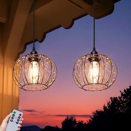 Battery Operated Hanging Chandelier Outdoor, Set of 2 with Remote, No Wiring, Boho Copper Wire Beaded Pendant Light, IP55 Weatherproof, Dimmable Timer, for Gazebo Pergola Porch Patio Decor by ALLFORTUNE
