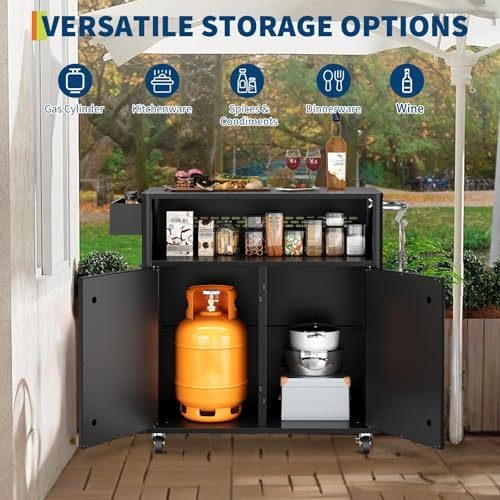 Heavy-Duty 2-Tier Outdoor Kitchen Island with Locking Wheels – 883 sq.in. Prep Space, 304 Stainless Steel Top, Magnetic Double-Door BBQ Cabinet for Grilling Table & Patio Cooking Station - Image 6