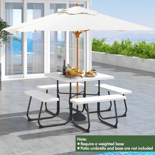 Moccha Picnic Table Bench Set - Outdoor Table and Chairs with Umbrella Hole, HDPE Tabletop & Metal Frame, 500LBS Capacity, Outdoor Camping Table for Garden Backyard Porch Patio Table Set (White) - Image 6