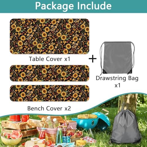 Picnic Table Cover with Bench Covers, Camping Essentials, Sunflower Flower Leaves Waterproof Windproof Patio Table Cover, Fitted Tablecloth Cover with Elastic Edge for Indoor Outdoor 3 PCS 30x96 Inch - Image 7