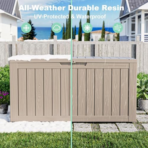 ROJIK Outdoor Storage Housing Deck Box - Waterproof Patio Furniture, Garden Tools, Cushions, Pool Accessories Storage Bench with Lockable Lid and Side Handles (Grey 76 Gal) - Image 6