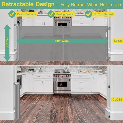 Upgraded 60" Wide Retractable Dog Gate with Reinforced Rods - Bottom Anti-Escape, 5 ft Retractable Baby Gates for Doorways Retractable Gates for Dogs Indoor/Outdoor Retractable Pet Gate, Gray - Image 3