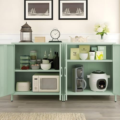Metal Storage Cabinet Locker Cabinets with Doors and Adjustable Shelf for Kitchen Office Pantry (Green) - Image 2