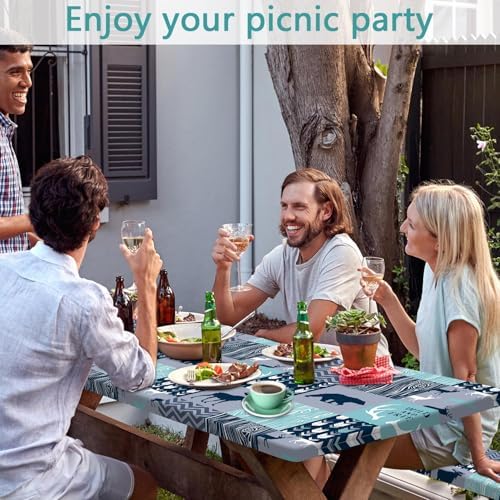 Picnic Table Cover with Bench Covers, Camping Essentials, Rustic Cabin Deer Bear Stripes Waterproof Windproof Patio Table Cover, Fitted Tablecloth Cover with Elastic Edge for Outdoor 3 PCS 30x60 Inch - Image 2