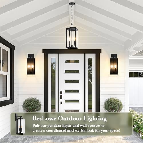 BesLowe 15” Large Outdoor Pendant Light, 2-Light Hanging Lantern, Black - Image 3