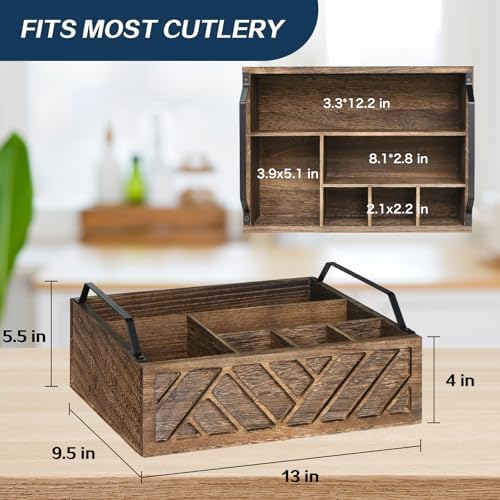 Ukonvi Flatware Organizers Paper Plate Dispenser with Handles, Paper Plate Holder for Kitchen Counter, Wood Rustic Silverware Utensil Caddy, Brown - Image 7