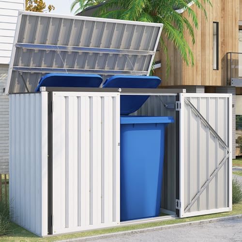 AECOJOY Outdoor Trash Can Storage Shed, 46 Cu.Ft Metal Garbage Bin Enclosure with Lift-Up Lid & Gas Strut, Waterproof Outdoor Garbage Can Organizer, Bike Shed Backyard Patio Garden, White by AECOJOY