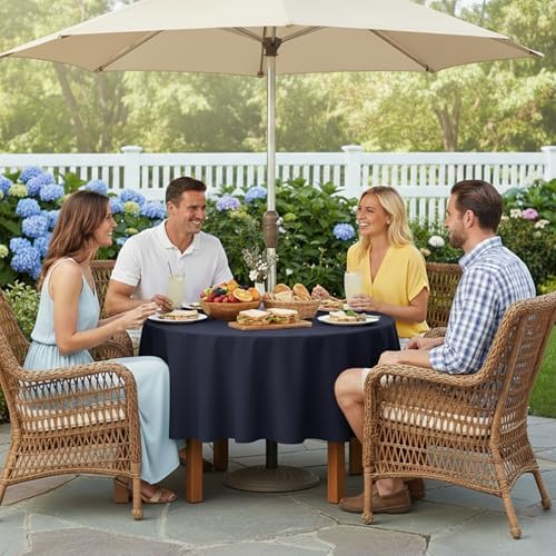 LUSHVIDA Round Outdoor Tablecloth with Umbrella Hole 70 Inch Navy - Image 3