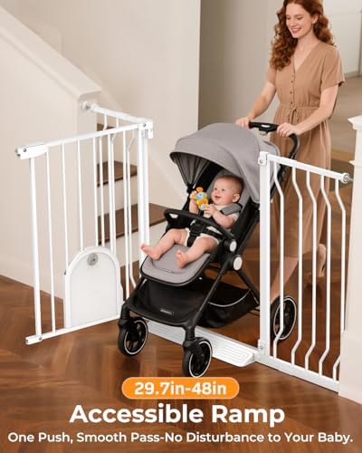 30"- 48" Extra Wide Baby Gate with Cat Door, 30.5" Tall, No-Drill Pressure Mount, Includes 2 Extensions, Pet & Toddler Safety Gate for Kitchens, Stairs (White-All-Door, 30"-48" W x 30.5" H) - Image 3