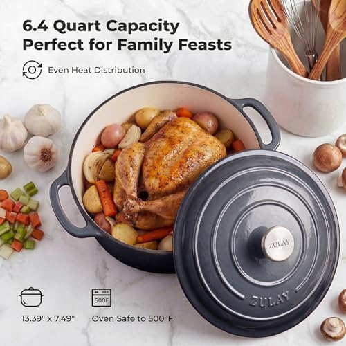 Zulay Kitchen 6.4QT Enameled Cast Iron Dutch Oven Pot with Lid, Heavy-Duty Soup Pot for Stews, Braising, Roasting & Sourdough Bread Baking, Oven Safe up to 500°F – Gray - Image 6