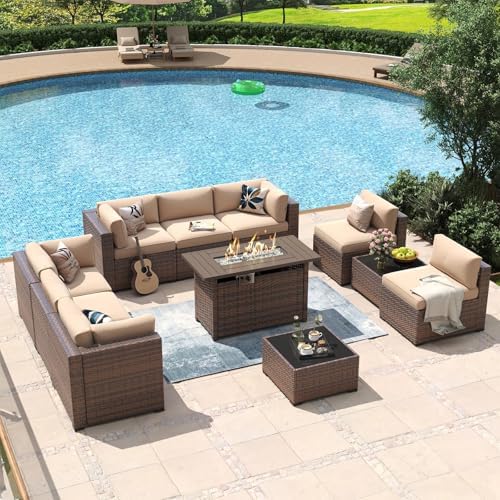 Aoxun 11 Piece Patio Furniture Set with 44" Fire Pit Table Wicker Rattan by Aoxun