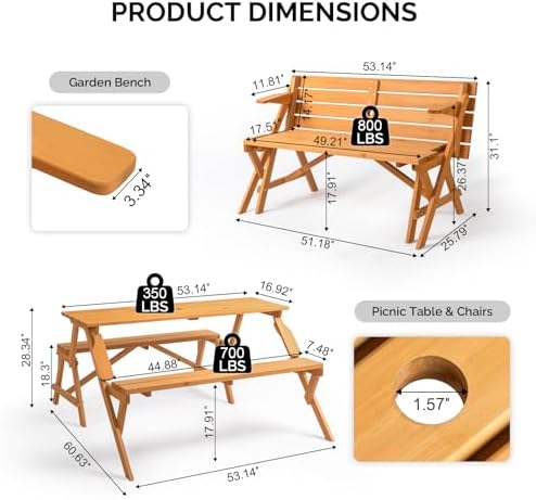 VINGLI 2-in-1 Outdoor Wooden Picnic Table and Bench Set with Umbrella Hole – Convertible Design for Garden, Patio, Porch, Deck – Natural Wood - Image 2