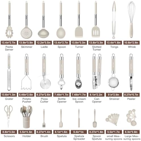 Kitchen Utensils Set-Silicone Cooking Utensils-33pcs Non-Stick Silicone Cooking Kitchen Utensils Spatula Set with Holder-Best Kitchen Cookware with Stainless Steel Handle (Khaki) - Image 2