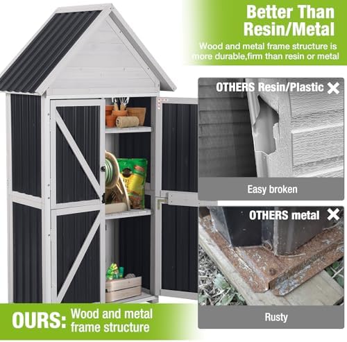 GUTINNEEN Outdoor Storage Cabinet, Wood & Metal Frame Garden Storage Shed with Waterproof Plastic Roof, Adjustable Shelves, Raised Base, Weather-Resistant Tool Shed for Backyard, Patio & Lawn, 67.5"H - Image 3