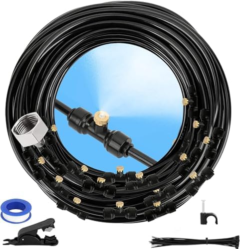 GMAULEE Misting Cooling System, DIY 98.5FT(30M) Misting Line +30 Brass Mist Nozzles+ a Brass Connector(3/4'') Outdoor Mister System for Patio Waterpark Garden Trampoline Greenhouse by GMAULEEWaterMistingSystem