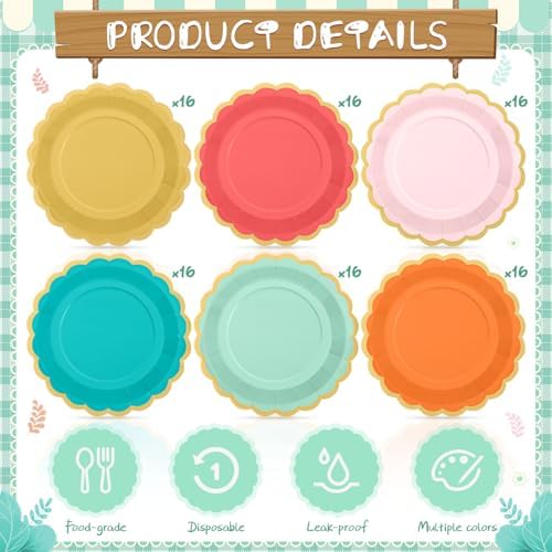 96 Pcs Colorful Coral Paper Plates 9 Inch Pastel Rainbow Scalloped Paper Plates Disposable Dinner Dessert for Birthday Wedding Bridal Party Supplies, 6 Colors - Image 3