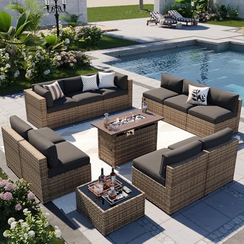Aoxun Patio Furniture Sets, 12-Piece Outdoor Patio Furniture with 44'' Propane Gas Firepit Table, Wicker Outdoor Conversation Set Sectional Sofa for Backyard, Poolside, Garden by Aoxun