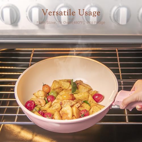 Astercook 23 Pcs Pots and Pans Set Non Stick, Ceramic Cookware Set Detachable Handle, RV Kitchen Cooking Set Removable Handles, Oven Safe, Induction Ready, Stackable, Pink, Mothers Day Gifts - Image 6
