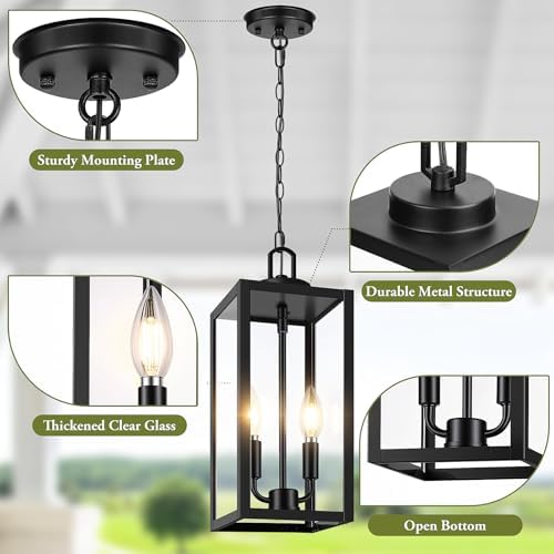 BesLowe 15” Large Outdoor Pendant Light, 2-Light Hanging Lantern, Black - Image 6