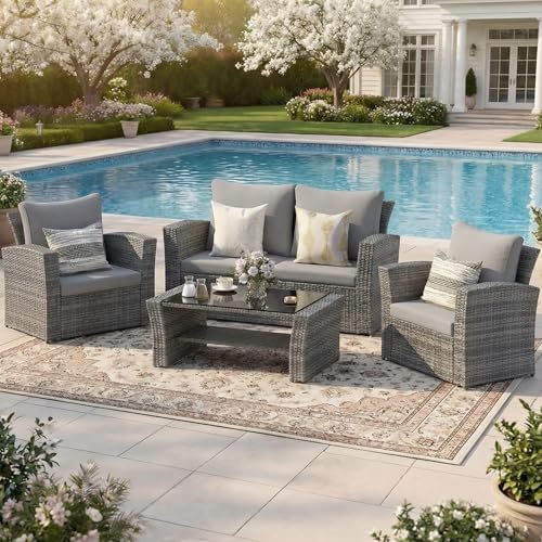 Wisteria Lane 4 Piece Patio Furniture Set, Wicker Outdoor Patio Conversation Furniture Set, All Weather Outdoor Patio Sofa with Cushion and Glass Table, Light Gray by WisteriaLane