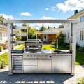 110" Outdoor Kitchen Island with 4-Burner 72000 BTU,Heavy-Duty Gas Grill with Side Burner,Rotisserie Oven,Galvanized Steel Roof,Granite Countertops,Refrigerator,Storage Cabinets,Sink.(Natural Gas) by INOTEVERITORY