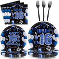 96PCS 16th Birthday Party Paper Plates and Napkins and Forks Set for Blue and Silver Bruh I'm 16 Years Old Party Paper Plates Disposable Decor Happy 16th Parties Set for Teens Birthday Decorations by Oitnlaughter