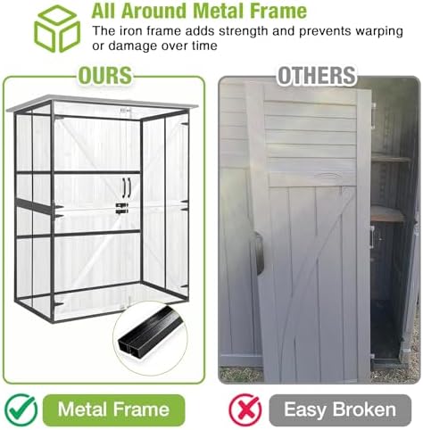 GUTINNEEN Outdoor Storage Cabinet Durable Metal Frame and Solid Wood Vertical Tool Shed with 3 Adjustable Height Shelves and Bottom Floor for Patio, Garden, Backyard, 55" L x 29" W x 67" H - Image 3