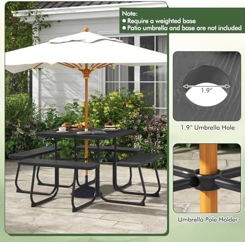Moccha Picnic Table Bench Set - Outdoor Table and Chairs with Umbrella Hole, HDPE Tabletop & Metal Frame, 500LBS Capacity, Outdoor Camping Table for Garden Backyard Porch Patio Table Set (Black) - Image 6