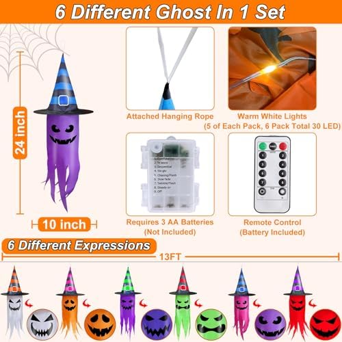 Remote Control 6 PCS Halloween Hanging Ghosts Outdoor Decor with Lights - Image 3